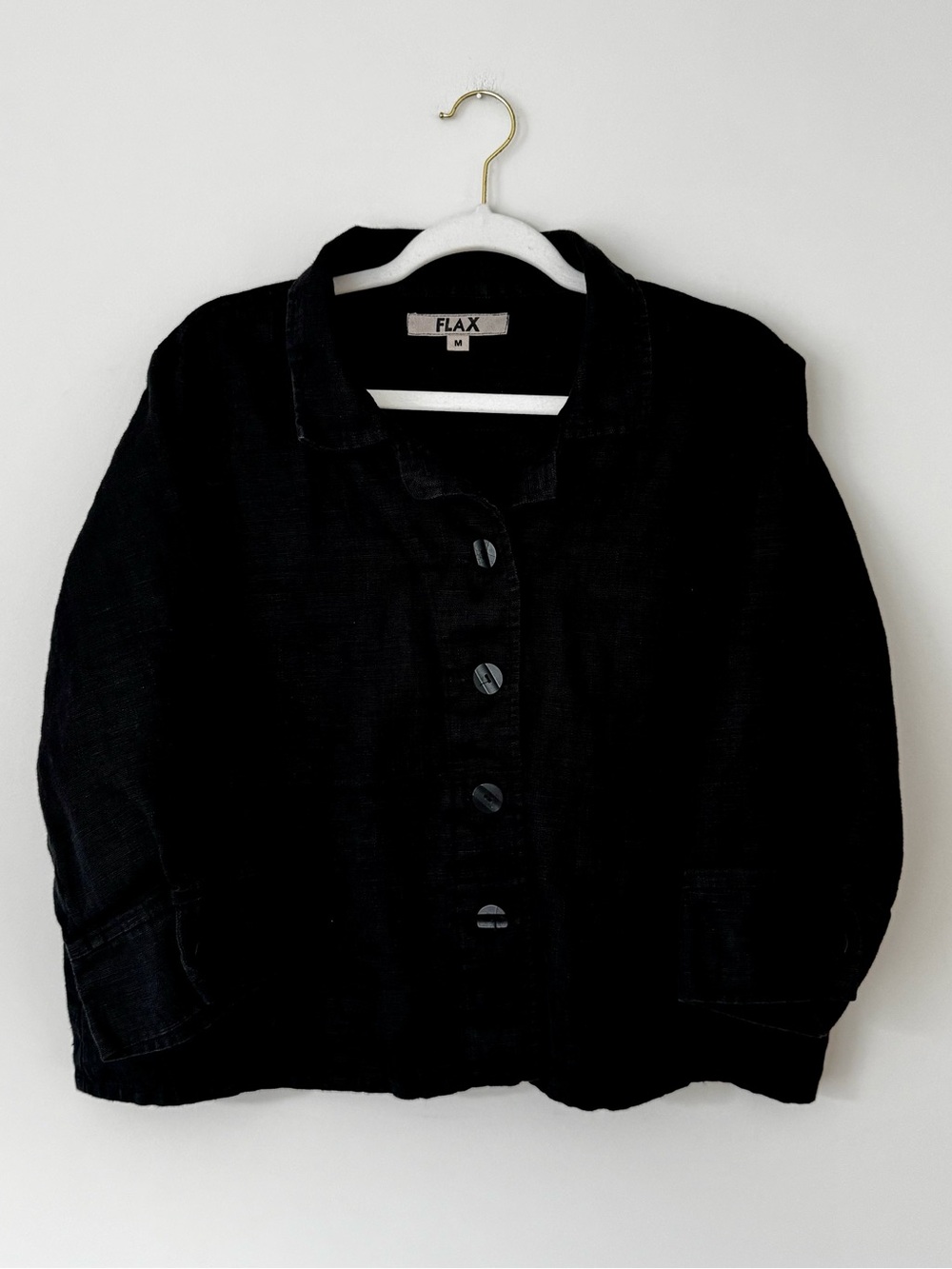 FLAX 100% Linen Button Down 3/4 Sleeve Shirt, Black – Size Medium